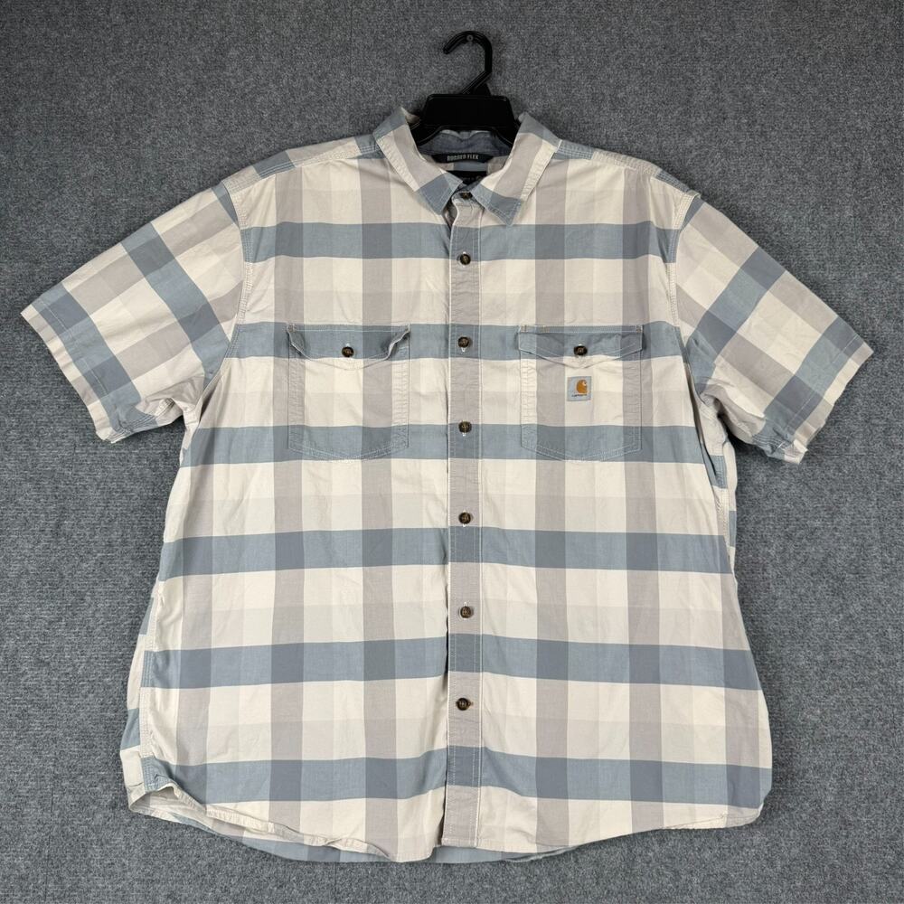 Carhartt Rugged Flex Men's 2XL Blue White Plaid Lightweight Short Sleeve Shirt